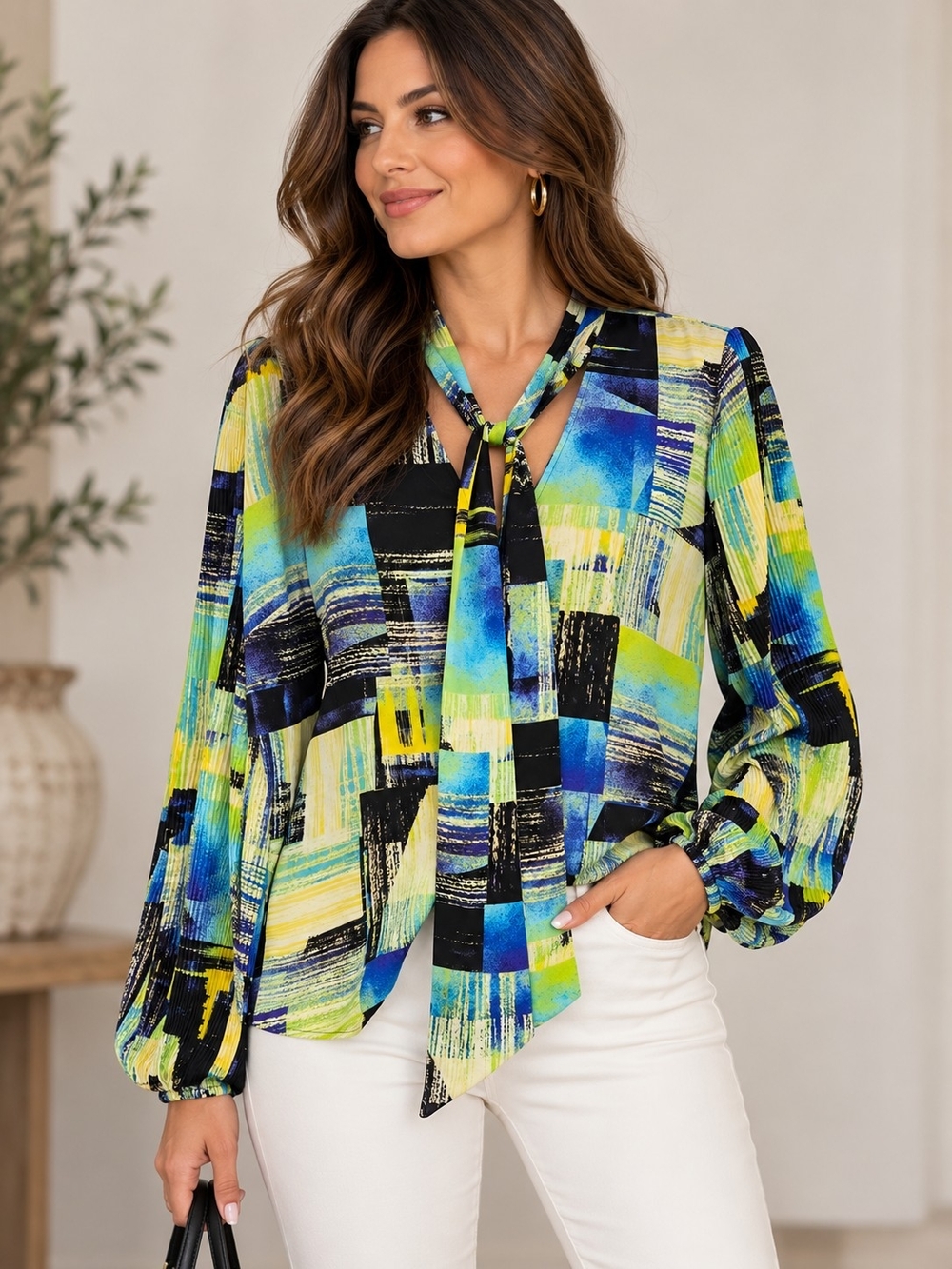 New York & Company Abstract Tie-Neck Blouse in Blue and Yellow